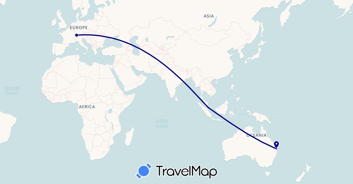 TravelMap itinerary: driving in Australia, Switzerland, Singapore (Asia, Europe, Oceania)